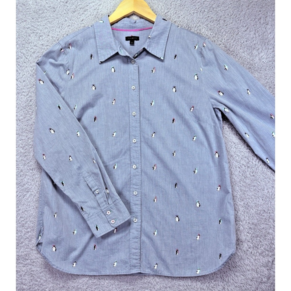 Talbots Womens M Blue Penguin Print Cotton Button Up Shirt Novelty Preppy